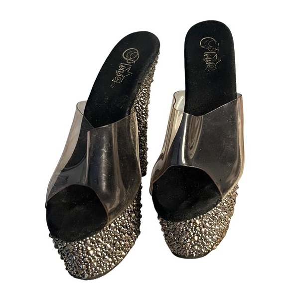 PLEASER Bejeweled Platform Slides Sandals Gunmetal Rhinestone Studs Fits Size 8 - Picture 8 of 8
